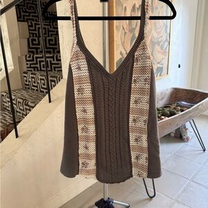 POL Boho Knit Tank Top L Taupe Cable Knit Floral Crochet V-Neck Cottagecore